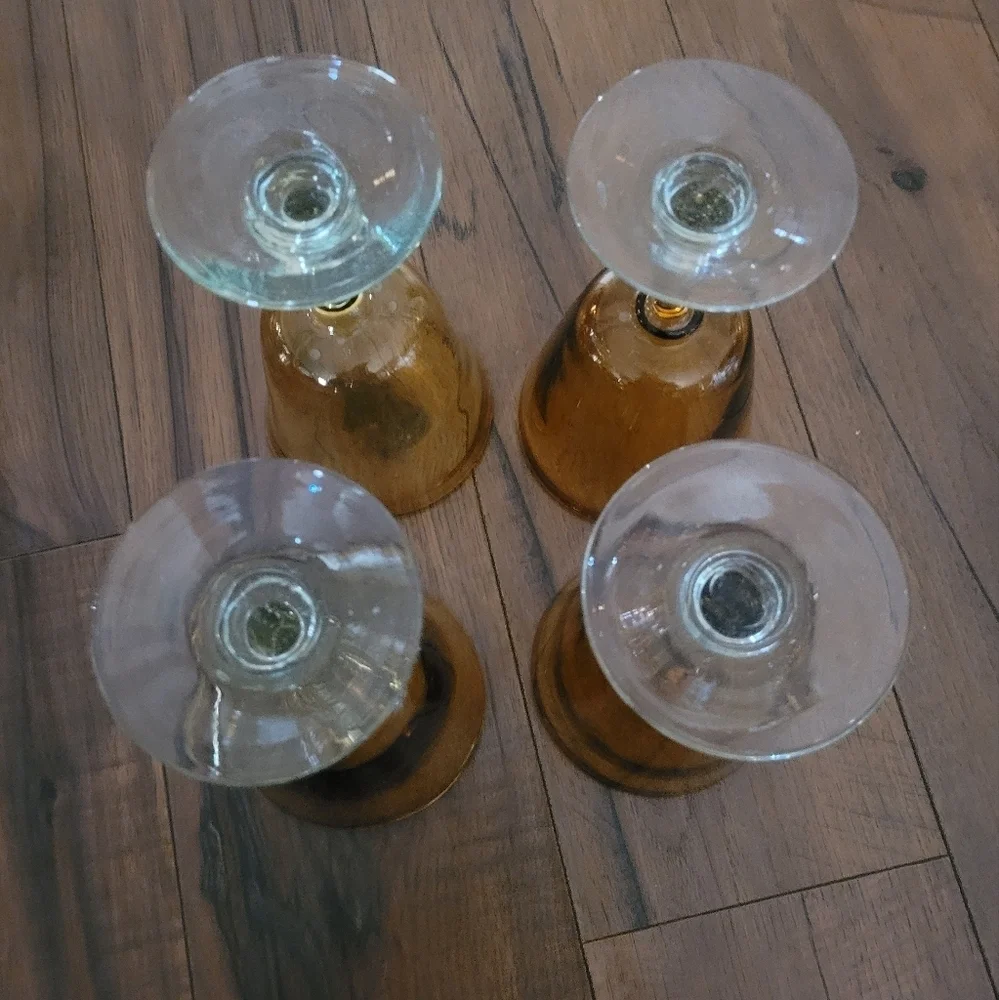 Vintage Amber and Recycled Green Blown Glass Wine‎ Goblets Set of 4